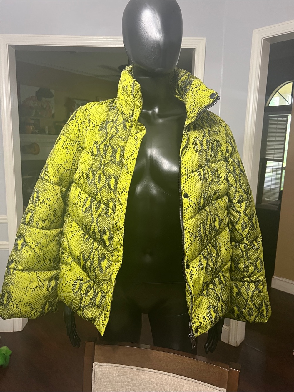 Betsey Johnson Neon Snake-Print Puffer Jacket - Yellow & Black